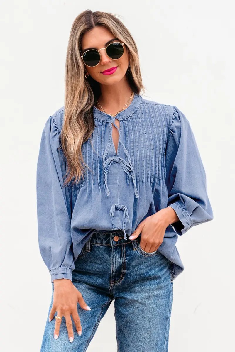 Myosotis Denim Front Pintuck Bow Tie Puff Sleeve Top - Love Salve